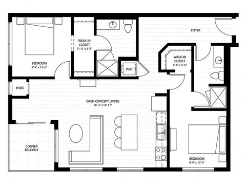 Floor plan for 2 beds, 2 baths, 1065 sqft